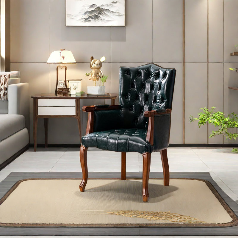 Leather Chair with Carved Wood Legs, Green, Beige