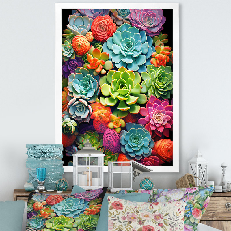 «Dorsay Colorful Succulents Botanical Kaleidoscope» sur impression sur toile, H 20 po x l 12 po x P 1 po, Cadre photo blanc