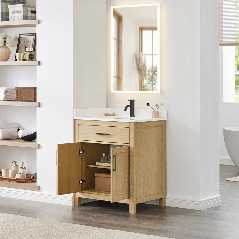 30 in. Single Vanity, Whitewashed Oak, Matte Black, White Quartz