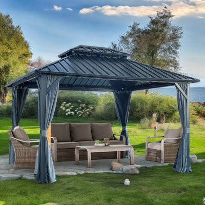 Pavillon de jardin en aluminium avec auvent en acier, rideau, pavillon de pavillon permanent à toit rigide pour l'extérieur