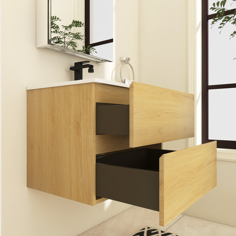 Zykaria 24'' Single Bathroom Vanity with Ceramic Top, Natural Oak, Single