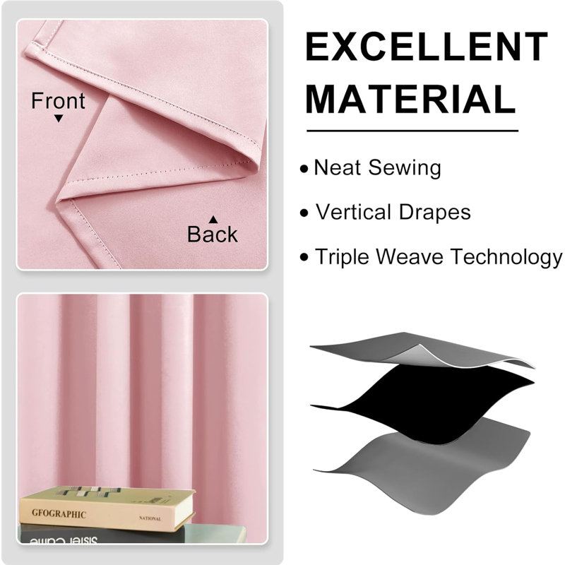 2 Thick Panels Room Darkening Blackout Curtains, Thermal Insulated Block Out Light Grommet Drapes, 52" W x 45" L, Blush Pink
