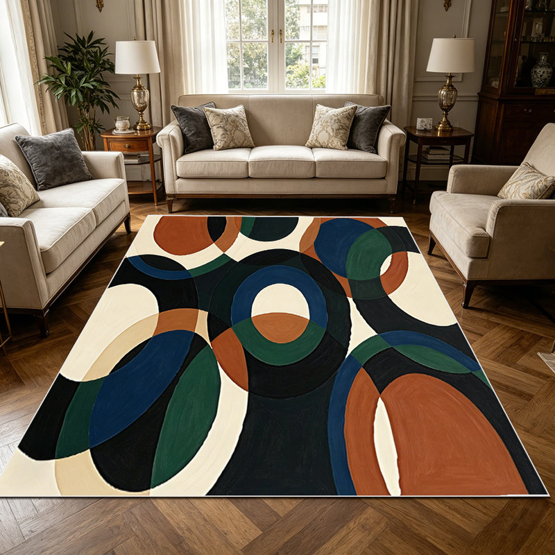1PC retro overlapping geometric circle abstract area rugs for Living Room, Soft, All seasons, Easy-maintain, Washable Indoor mat, Farmhouse suitable for dining room, bedroom, home office, entryway, patio, kitchen, Home Decor, Outdoor Decor