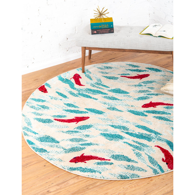 Tapis abstrait bleu / rouge / ivoire Jaliyah, Rond 8 pi