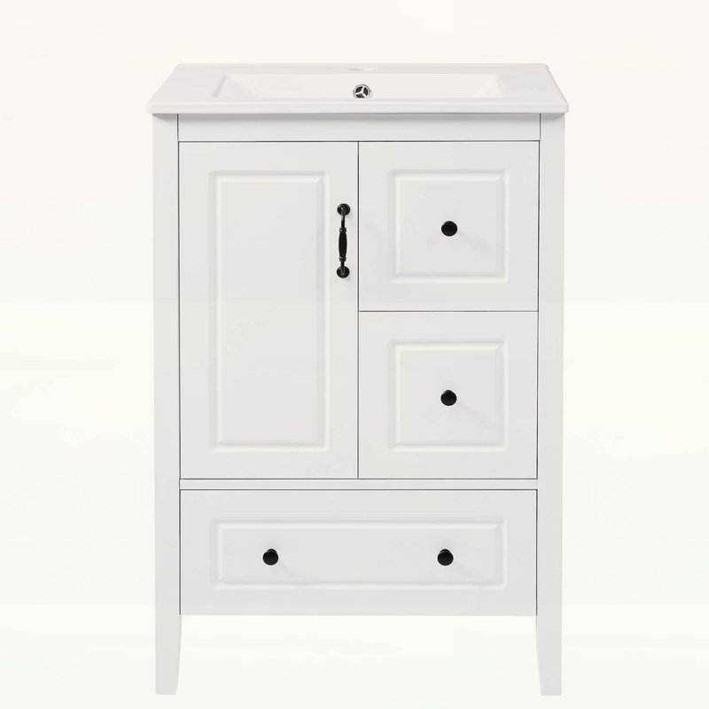 Meuble-lavabo 24 po avec lavabo, tiroirs à fermeture douce, armoire, poignées en métal rétro, Blanc