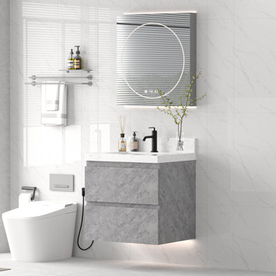 Meuble-lavabo moderne de 24 po avec comptoir en marbre d'ingénierie, lavabo en céramique, dosseret, tiroirs à fermeture en douceur et poignée cachée