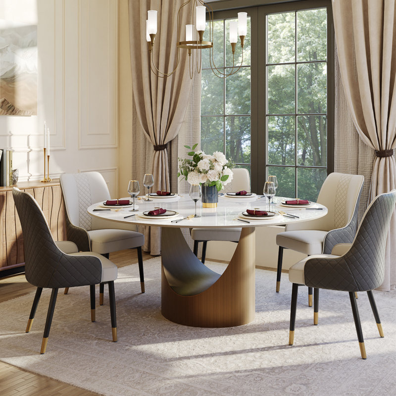 5-Piece Modern Round Dining Table Set For 4,Glossy Sintered Stone Tabletop Kitchen Dining Table Set With PU Upholstered Chairs