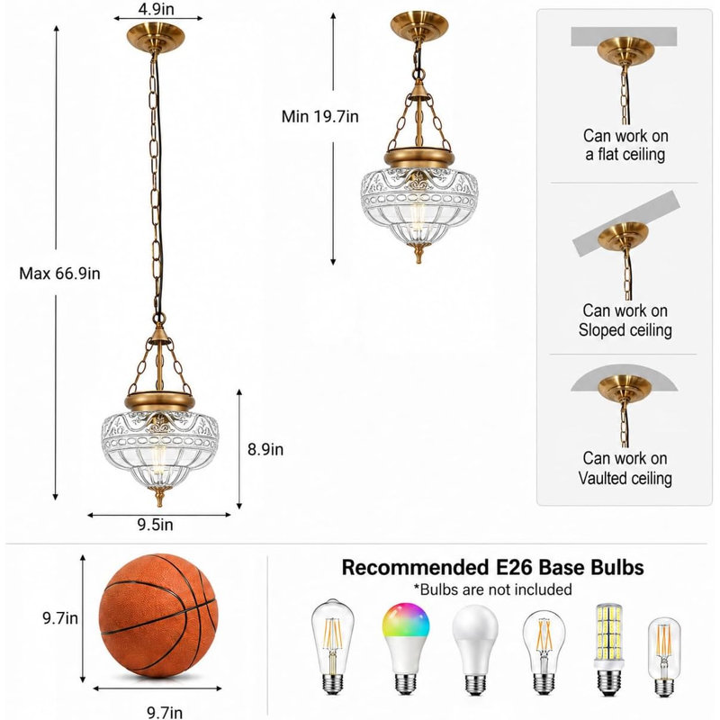 Luminaire suspendu rétro en laiton antique brossé pour îlot de cuisine, luminaire suspendu en verre texturé soufflé à la main, luminaire suspendu à hauteur réglable E26 pour la salle à manger, le vestibule, le couloir