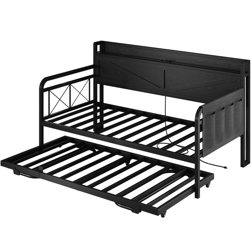 Twin Daybed with Trundle and Charging Headboard, Space-Saving Design for Apartments, Black