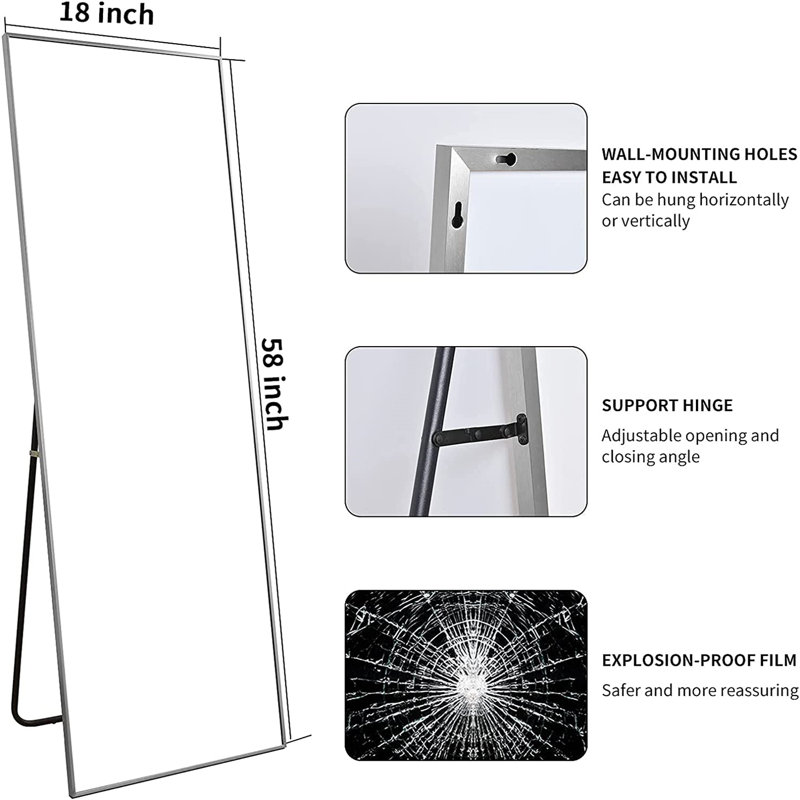Miroir de plancher pleine longueur en verre - Basics by Wayfair ™, Argent, 65 po x 22 po