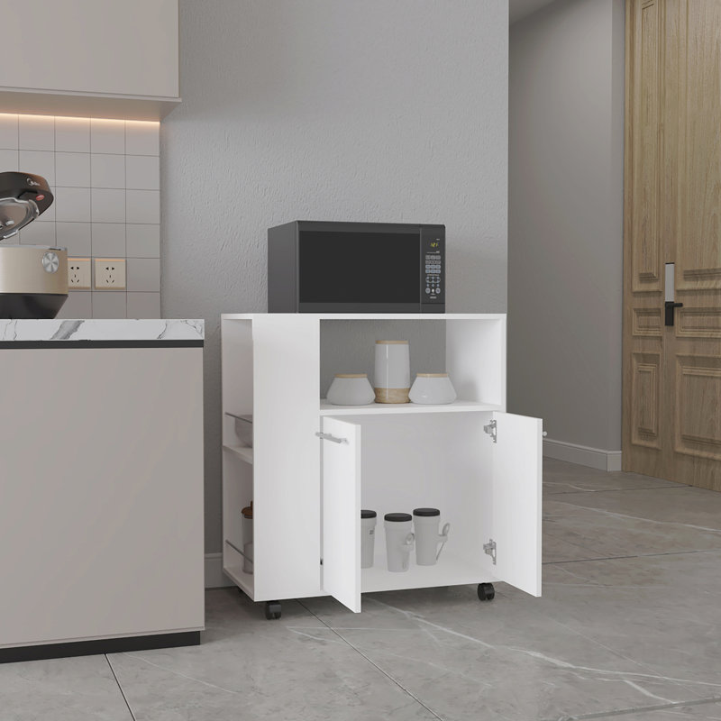 Chariot de cuisine, 2 portes, 3 tablettes, 4 roulettes, Blanc