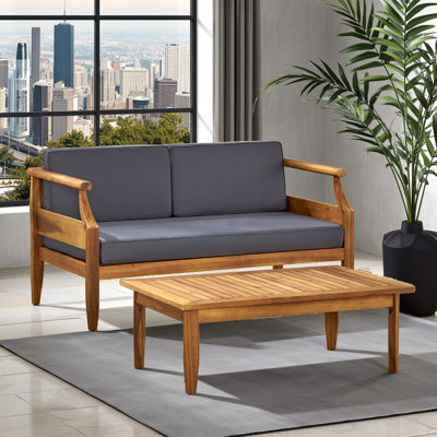 Ensemble de causeuse d'extérieur Mid-Century moderne 2 pièces - Bois d'acacia avec finition en teck, coussins résistants à l'eau gris foncé et table basse (L 55,5 po x l 29,25 po x H 26,5 po)