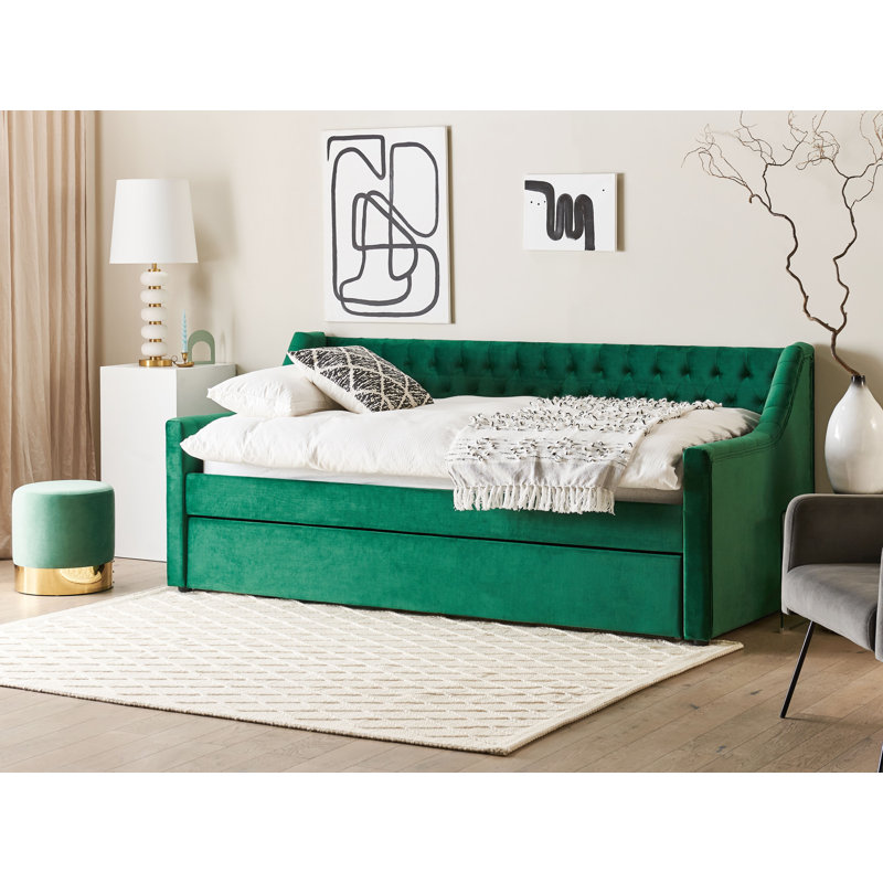 Picidae Upholstered Daybed with Trundle, Green, European Single (90 x 200cm)