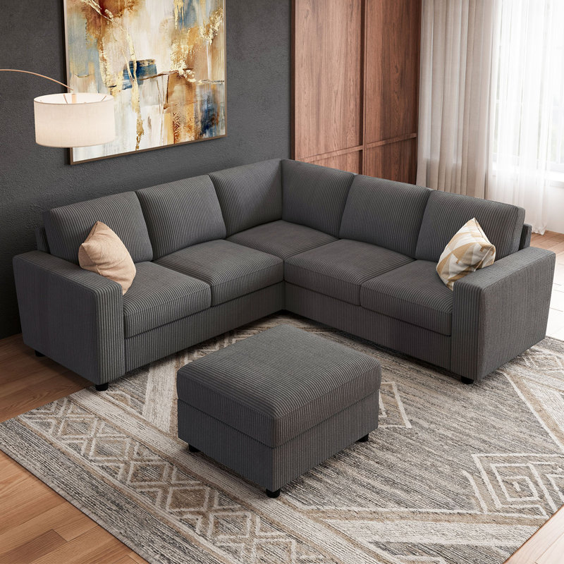 Abramson U-shaped Modular Corduroy Sectional Sofa With Storage Ottoman Dark Gray, 33.9" H x 79.9" W x 79.9" D