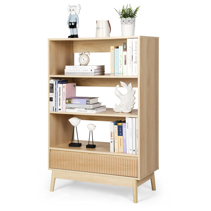 3 Tier Bookcase With Grooved Wooden Storage Drawer, 47.6" H x 31.5" W x 15.7"D