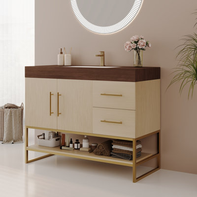  Aime 36" Retro Bathroom Vanity With Ceramic Sink & Gold Handls, Freestanding Wood Cabinet With 2 Drawers For Bathroom Storage