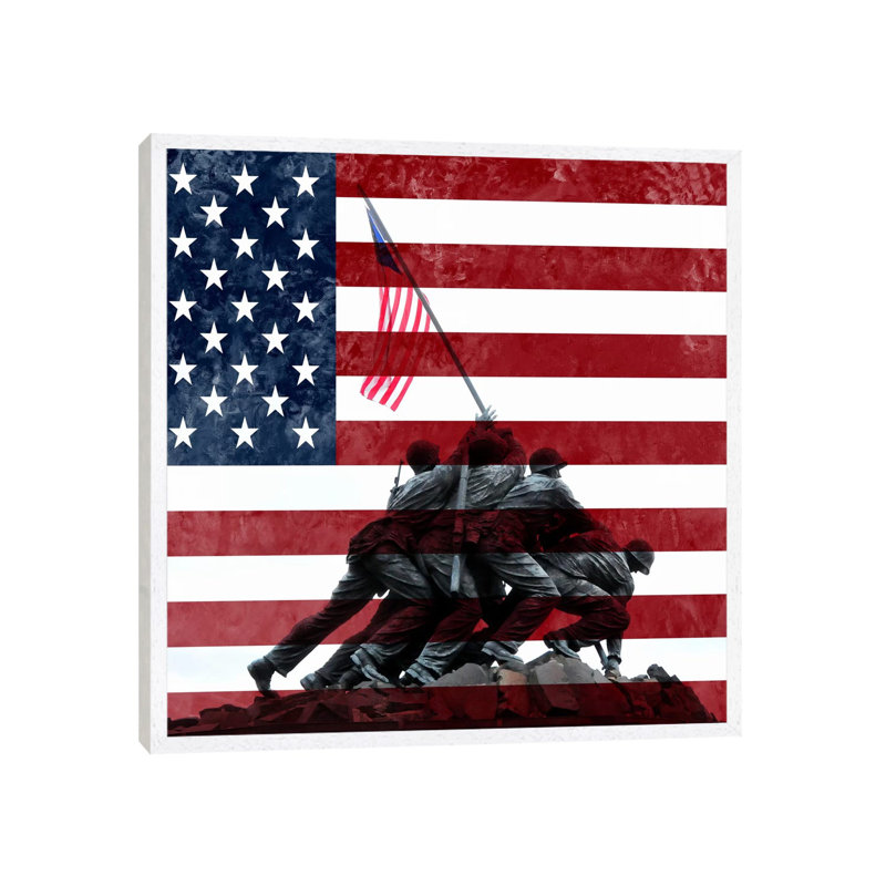 Usa Flag (Iwo Jima War Memorial Background) - Print on Canvas, 66.04 cm H x 66.04 cm W, White Floater Framed