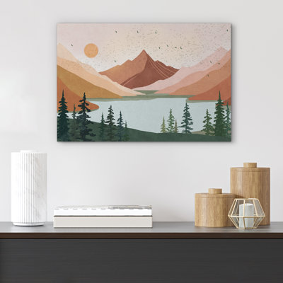 «Valley Scene with Lake, Pines and Sunset Glow», reproduction d'art sur toile encadrée très grande