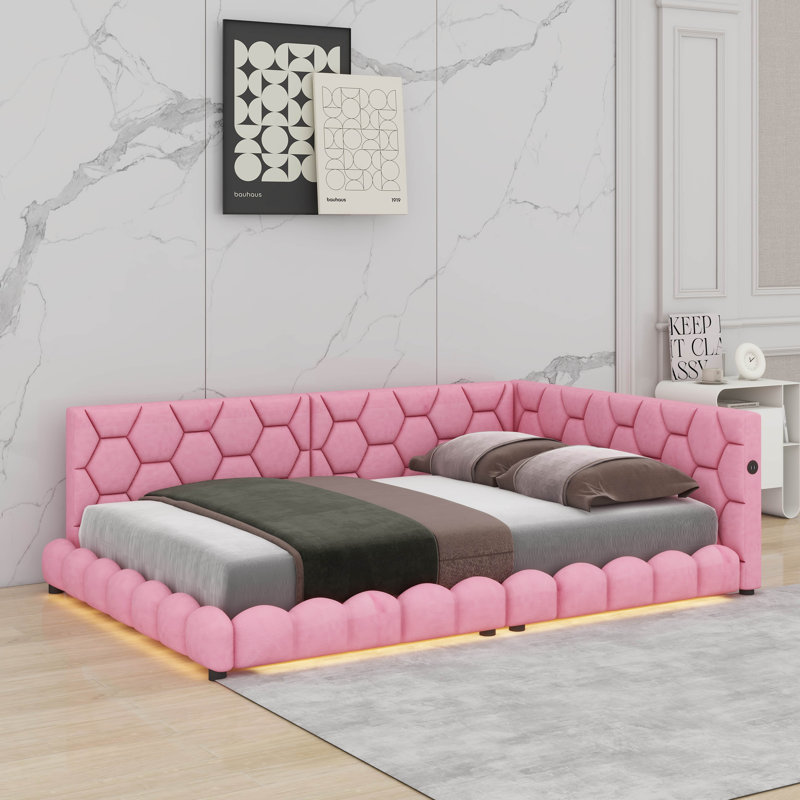 Lit plateforme tapissier double avec ports USB et DEL, Rose
