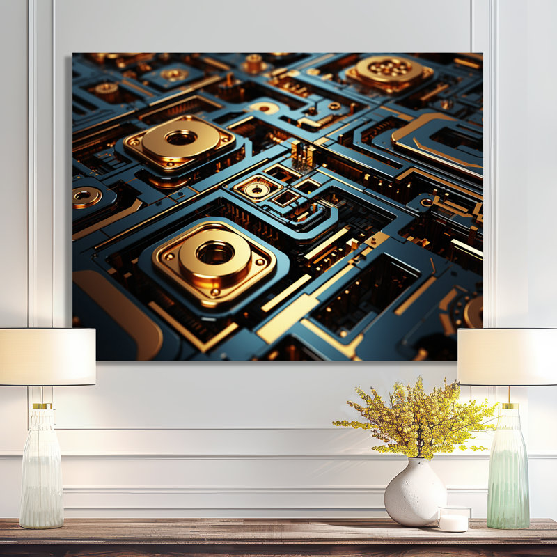 «Blue Gold Mainframe Mécanics», reproduction d'art abstrait, Toile tendue, H 16 po x l 32 po x P 1 po