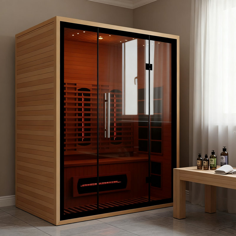 Sauna infrarouge à spectre complet pour 3 personnes, sauna intérieur en bois de pruche canadien avec contrôle Wi-Fi amélioré, haut-parleur, barre d'oxygène, lecture et lumière étoilée 7 couleurs, 2100 W, 220 V