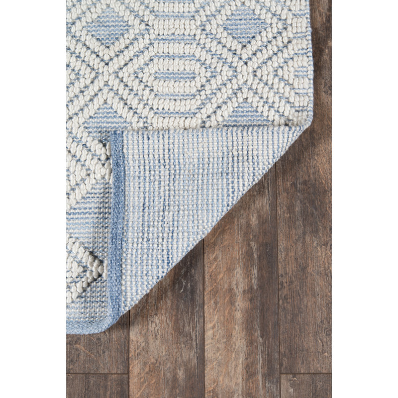 Tapis géométrique bleu clair / blanc tissé à plat à la main Laguanda, Rectangle 2 pi x 3 pi