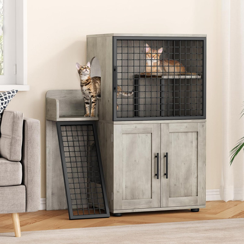 Gray MDF and Iron Cat Litter Box Enclosure with Ladder