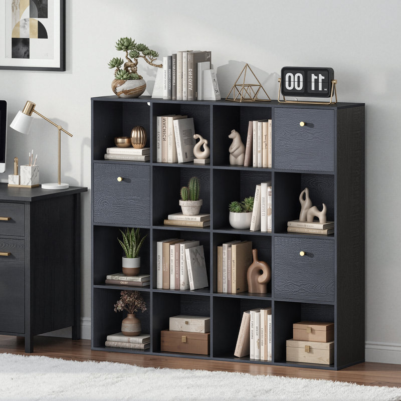 Ensemble de rangement modulaire 16 tiroirs avec tiroirs en tissu, bibliothèque noire en bois rustique et cloison, ensemble de 2