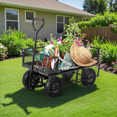 Chariot utilitaire de jardin pliant en acier robuste de 500 lb, doublure Oxford imperméable amovible, pneus pneumatiques de 8 po, chariot à plat à panneaux latéraux détachables pour le transport de pelouse, de ferme et de jardin