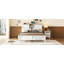 Lit plateforme Farmhouse avec porte de grange coulissante double, lit en bois rustique avec station de charge, support à lattes de bois-1252180543-1252180542