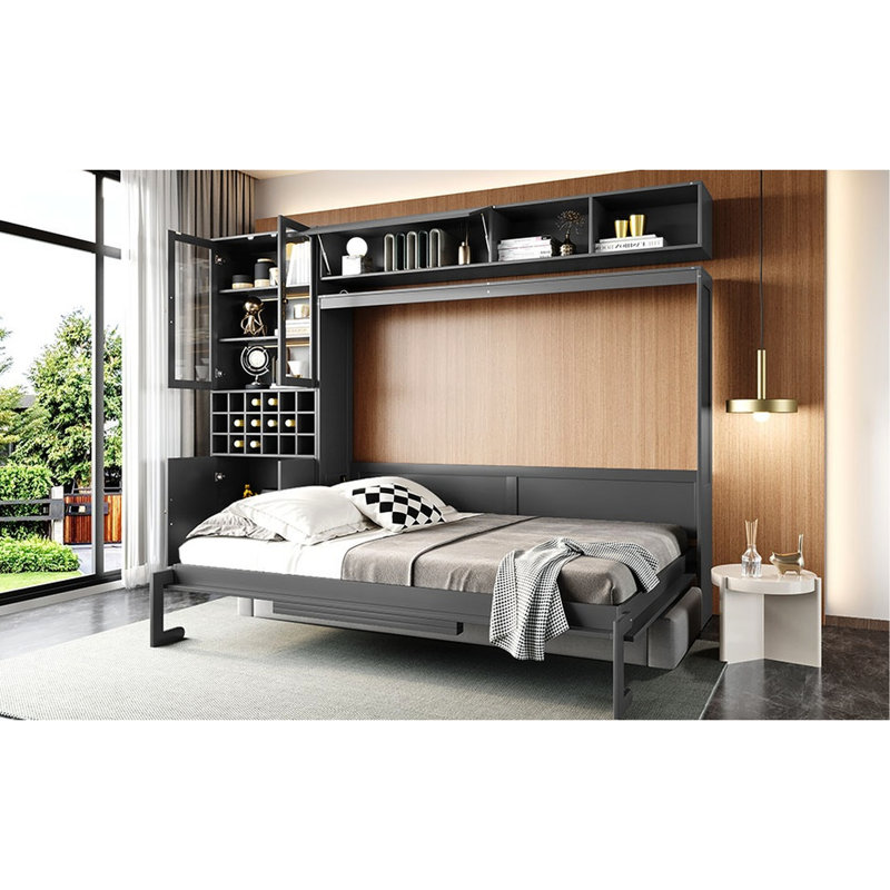 Grand lit avec tablettes, gris, confortable et peu encombrant pour les espaces muraux multifonctionnels de la taille d'un appartement
