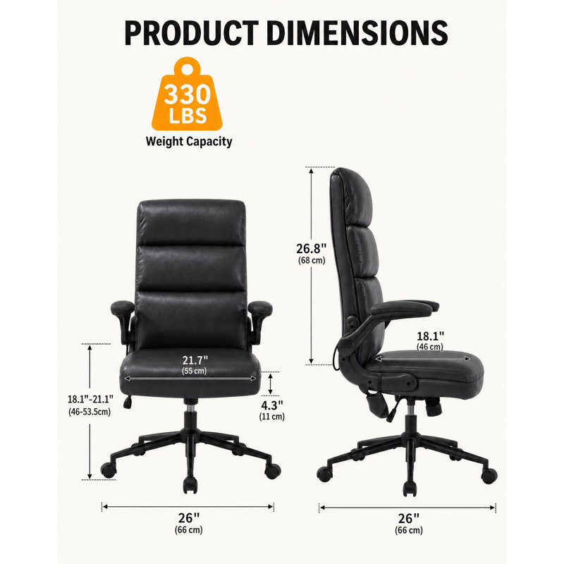 Fauteuil de direction ergonomique avec accoudoirs rabattables et soutien lombaire gonflable, Black