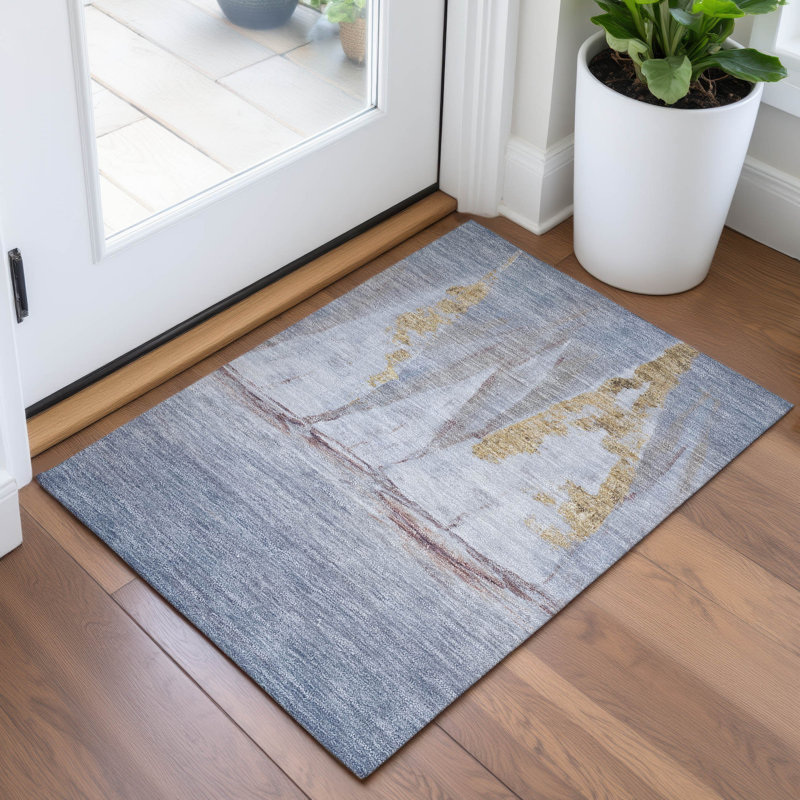 Tapis bleu intérieur / extérieur lavable à la machine Xhevrie, Rectangle 1 pi 8 po x 2 pi 6 po