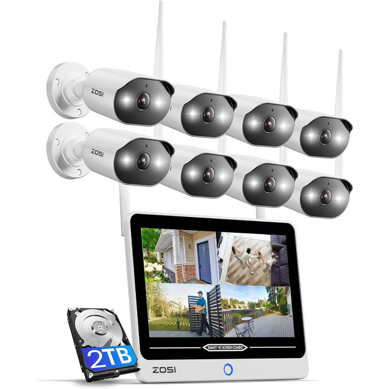 8CH 3MP WIFI Security Camera System w/ Monitor&2TB HDD, 8pcs Outdoor Spotlight cameras, 2-Way Talk