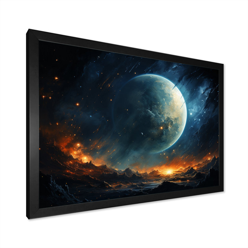 " Teal Orange Orbital Planetary ", Black Picture Framed, 16" H x 32" W x 1" D