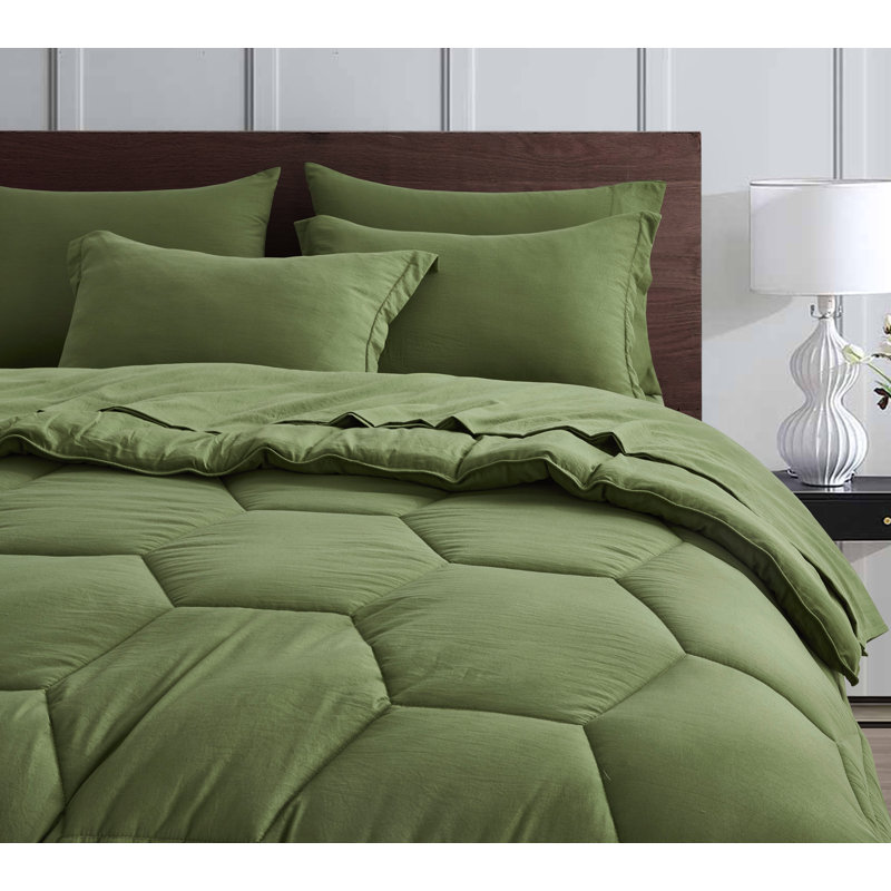 Washed Microfiber 7-Pieces Honeycomb Comforter Set with Sheets, King Comforter + 6 Additional Pieces, Olive Green