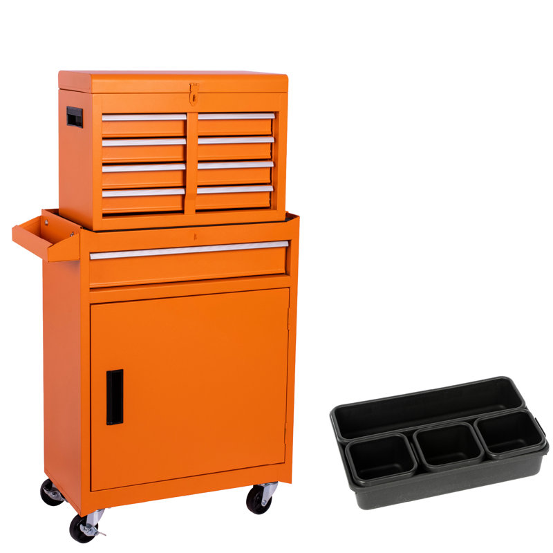 Coffre à outils à 5 roulettes en acier orange - Boîte supérieure amovible, plateau en plastique de 5 pièces et mécanisme de verrouillage pour un système d'organisation efficace