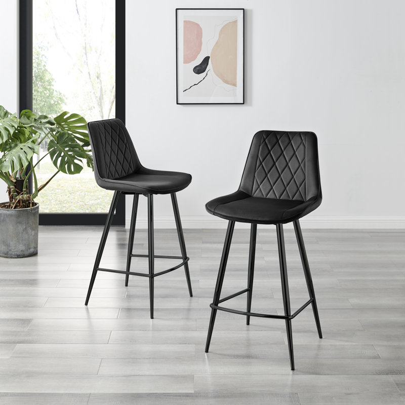 Simsbury Velvet Modern Counter Bar Stools with Tapered Metal Legs & Quilted Diamond Stitching, Black, Black