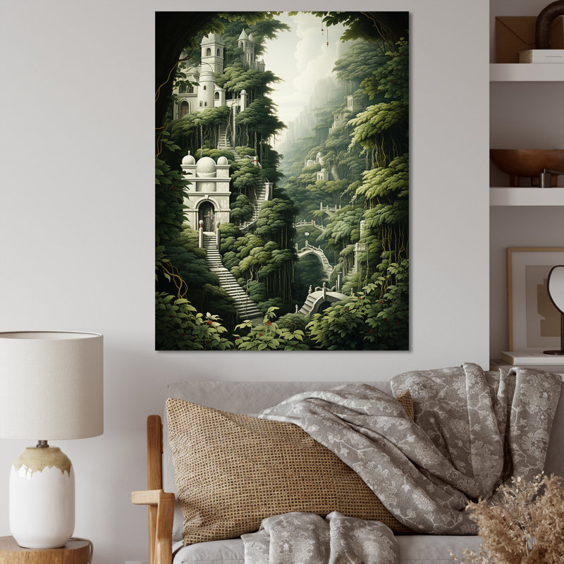 «Hidden Forest Castle Unveilé I», art mural forêt, Toile tendue, H 32 po x l 16 po x P 1 po