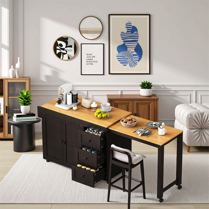 74.8-inch Kitchen Island With Extendable Dining Table, Black