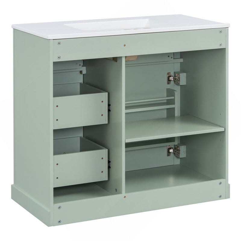 Meuble-lavabo de 36 pouces avec lavabo, armoire avec 4 tiroirs, porte à fermeture en douceur et tablette réglable, lavabo en céramique, meuble-lavabo moderne pour l'organisation de la salle de bain, finition verte