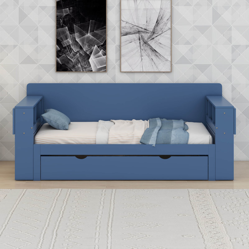 Lit de jour avec bureau amovible, tiroirs de rangement et table d'appoint hydraulique, Bleu, Grand