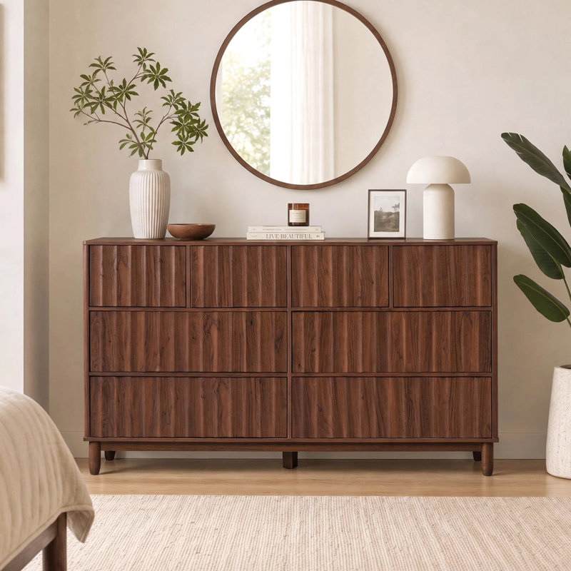Commode Mid-Century cannelée pour chambre à coucher, Chêne