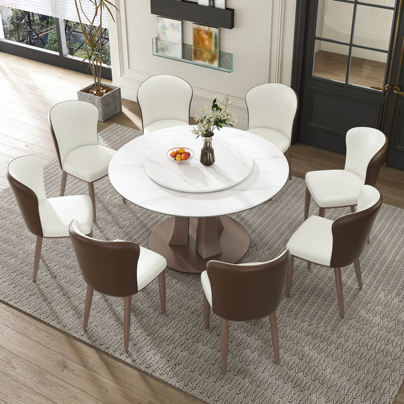 Table de salle à manger ronde avec plateau tournant à 360 ° lisse - Plateau en pierre frittée résistant aux taches et à la chaleur, design minimaliste moderne pour la salle à manger, la cuisine, le coin repas, l'espace compact