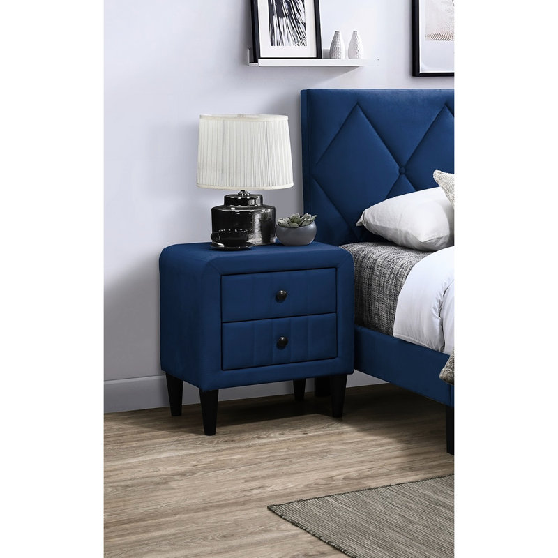 Table de chevet en velours bleu marine avec 2 tiroirs de style contemporain et élégant