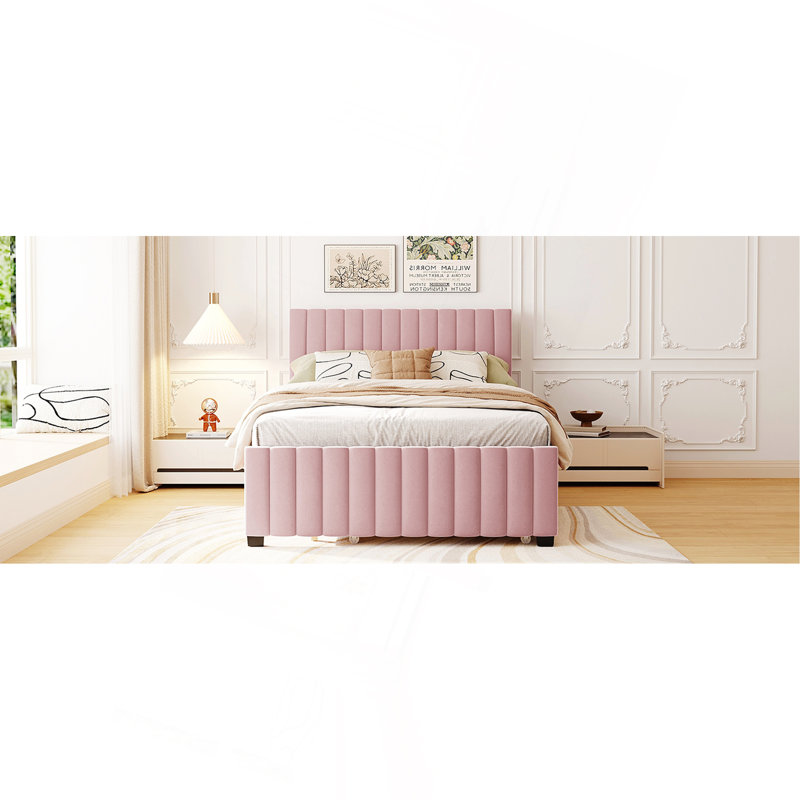 Lit plateforme double en velours avec lit gigogne, Rose