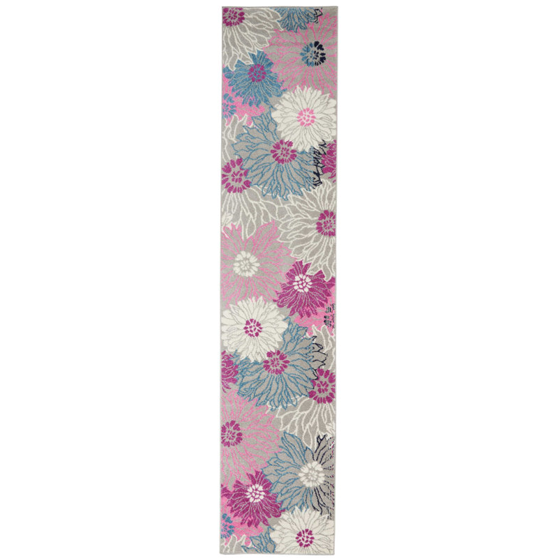 Tapis gris / rose / bleu à motif floral Carollee, Tapis de couloir 2 pi 2 po x 10 pi