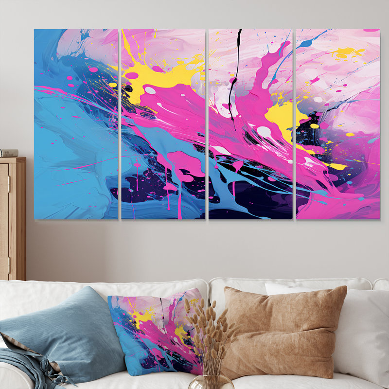 «Pink Blue Paint Splash Pop Art», art mural abstrait 4 pièces, H 28 po x l 48 po