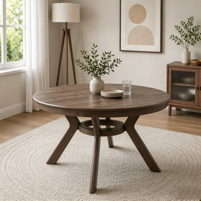 Mid-Century Round Dining Table with Sturdy Rubber Wood Base for 4-6 People