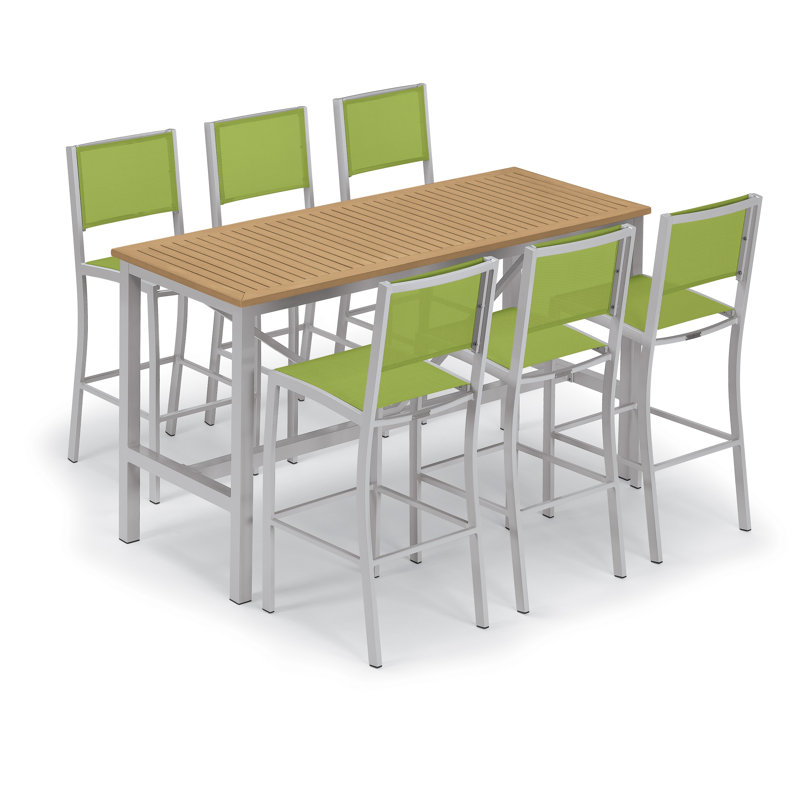 Travira 7-Piece Bar Table and Sling Bar Chair Rectangular Dining Set - 72"x30", Go Green, Silver/Light brown